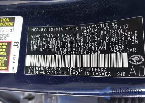 2013 Toyota Corolla Le из США, поврежденный, VIN 2T1BU4EE7DC965068